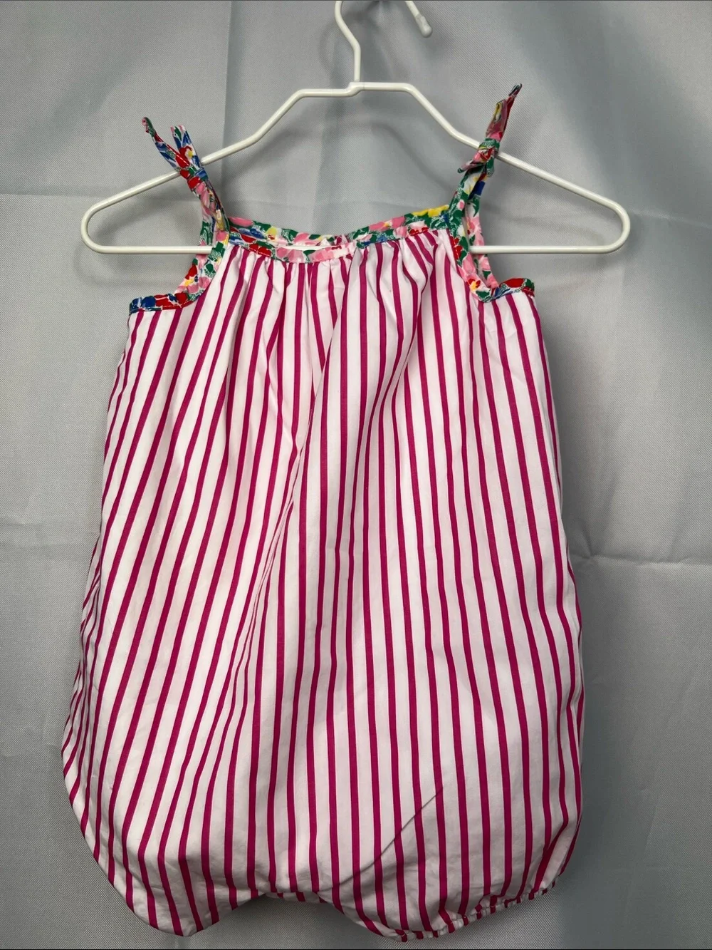 Ralph Lauren Fuchsia pink and white stripe cotton bubble romper floral trim 3 m